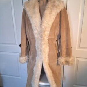 Vintage Marvin Richards XL Genuine Leather Jacket Trench Coat Faux Fur Trim